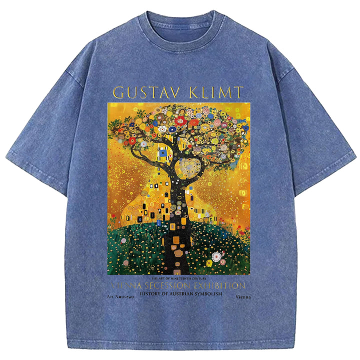 Gustav Klimt Tree Of Life Vintage Design Washed Crew Neck T-Shirt