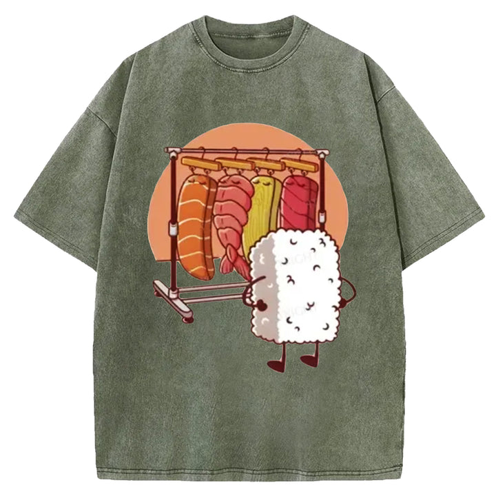 Funny Rice Sushi Washed Crew Neck T-shirt
