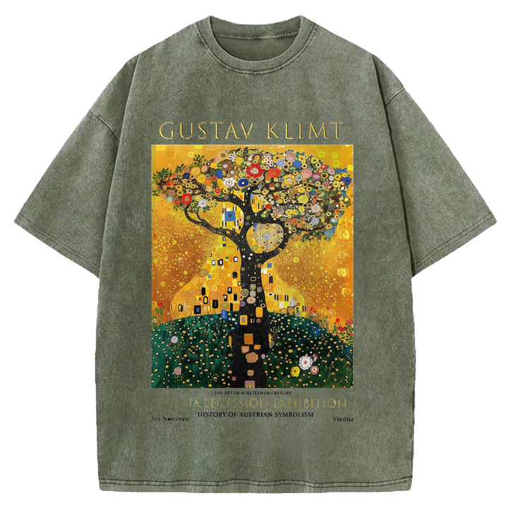 Gustav Klimt Tree Of Life Vintage Design Washed Crew Neck T-Shirt