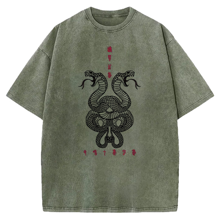 Double Snakes Encircling Washed Crew Neck T-Shirt