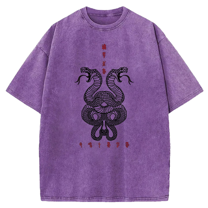 Double Snakes Encircling Washed Crew Neck T-Shirt