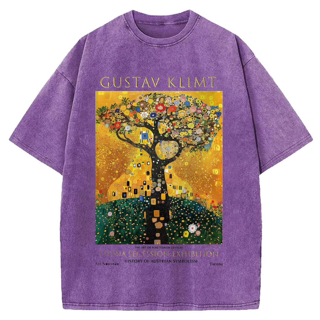Gustav Klimt Tree Of Life Vintage Design Washed Crew Neck T-Shirt