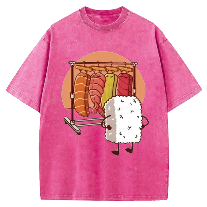 Funny Rice Sushi Washed Crew Neck T-shirt