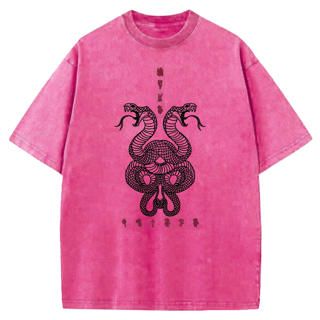 Double Snakes Encircling Washed Crew Neck T-Shirt