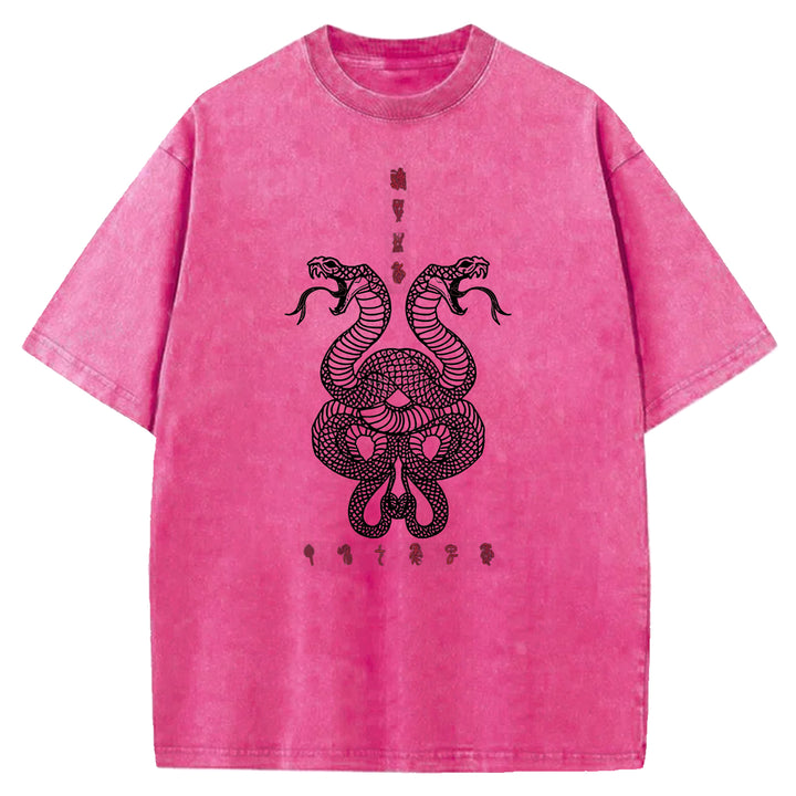 Double Snakes Encircling Washed Crew Neck T-Shirt