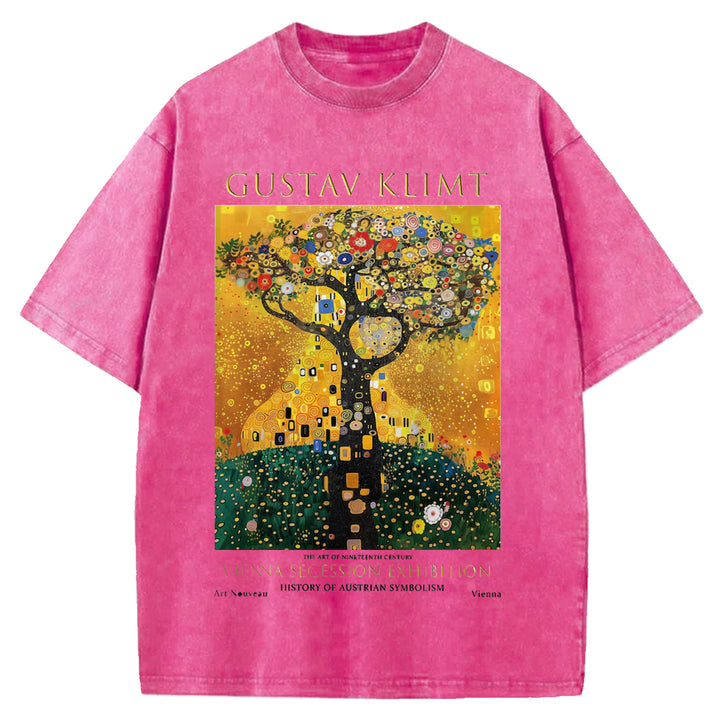 Gustav Klimt Tree Of Life Vintage Design Washed Crew Neck T-Shirt