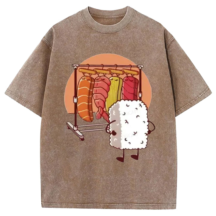 Funny Rice Sushi Washed Crew Neck T-shirt