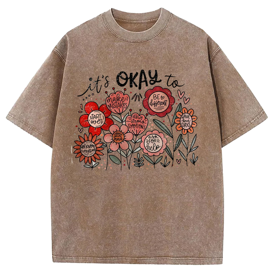 It's Okay To Boho Floral Washed Crew Neck T-Shirt