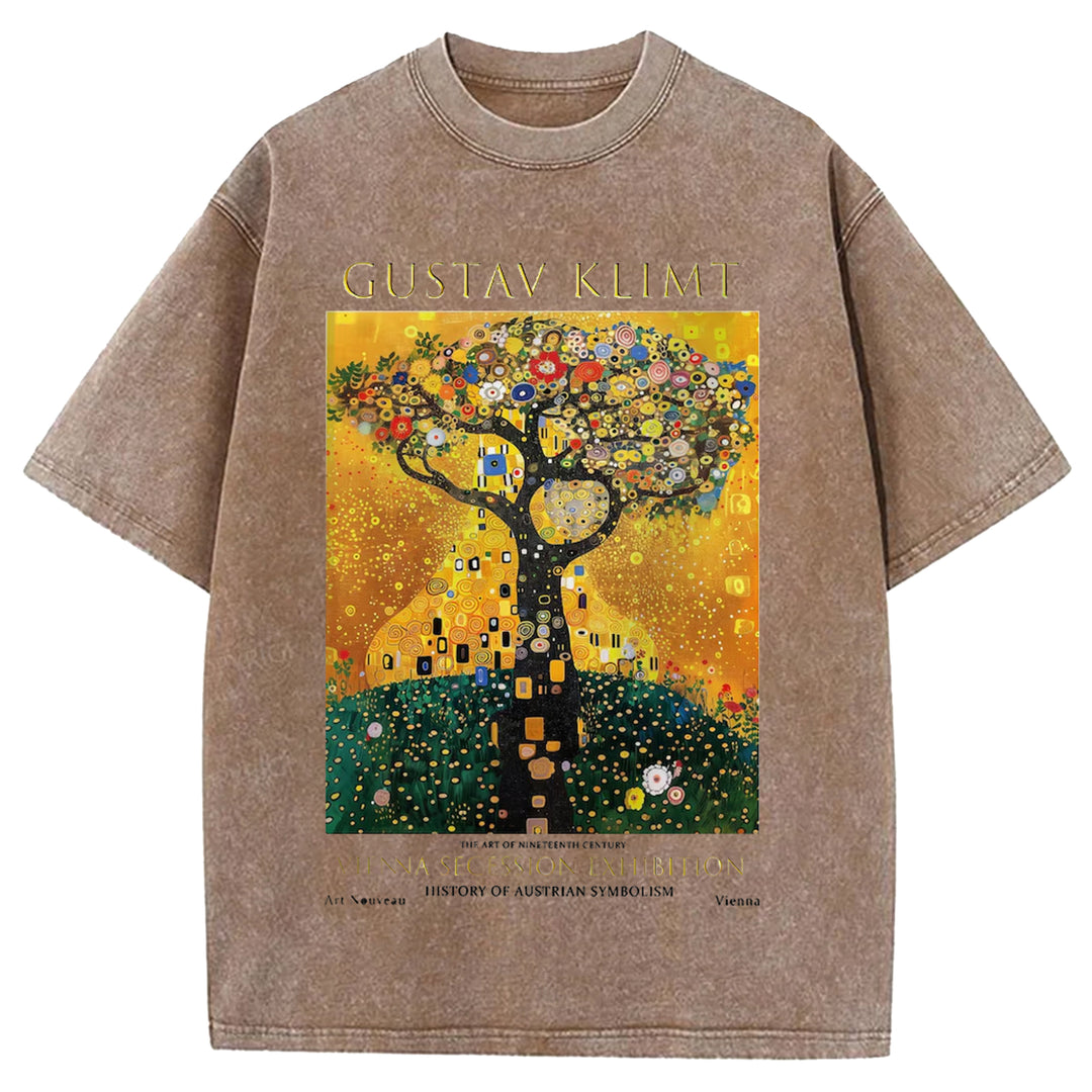 Gustav Klimt Tree Of Life Vintage Design Washed Crew Neck T-Shirt