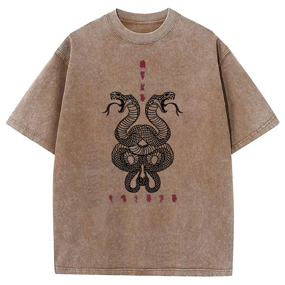 Double Snakes Encircling Washed Crew Neck T-Shirt