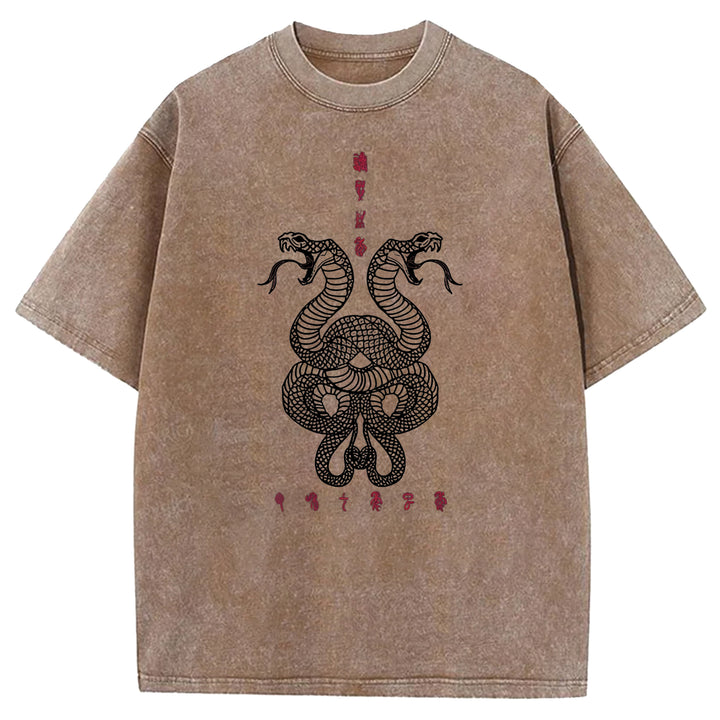 Double Snakes Encircling Washed Crew Neck T-Shirt