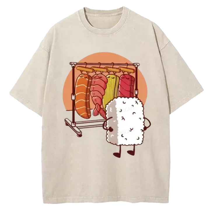 Funny Rice Sushi Washed Crew Neck T-shirt