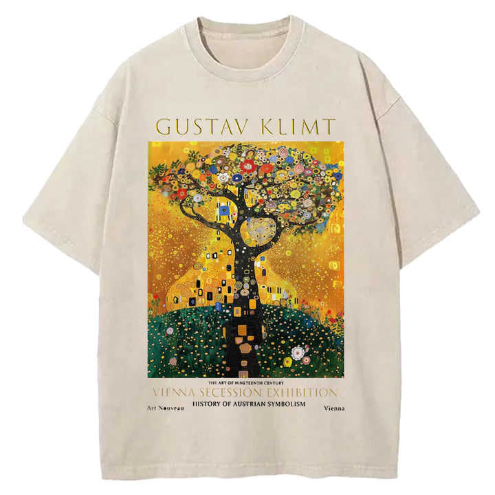 Gustav Klimt Tree Of Life Vintage Design Washed Crew Neck T-Shirt