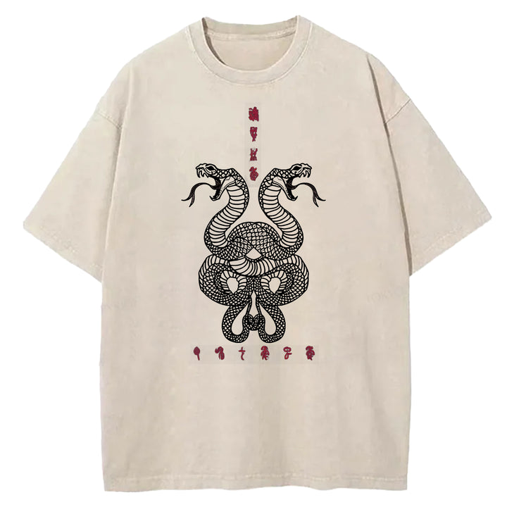 Double Snakes Encircling Washed Crew Neck T-Shirt