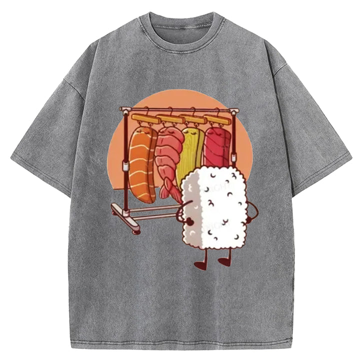 Funny Rice Sushi Washed Crew Neck T-shirt