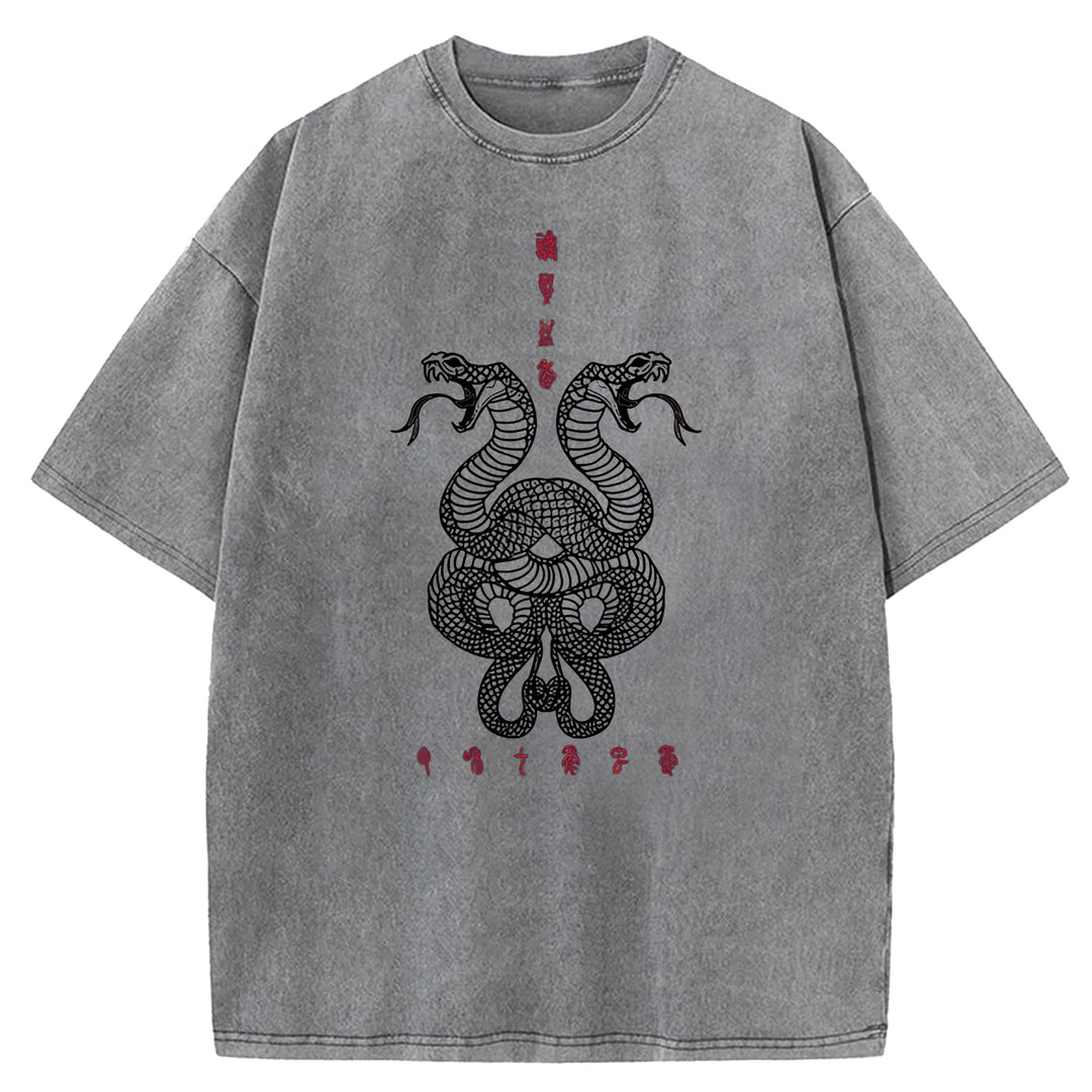 Double Snakes Encircling Washed Crew Neck T-Shirt