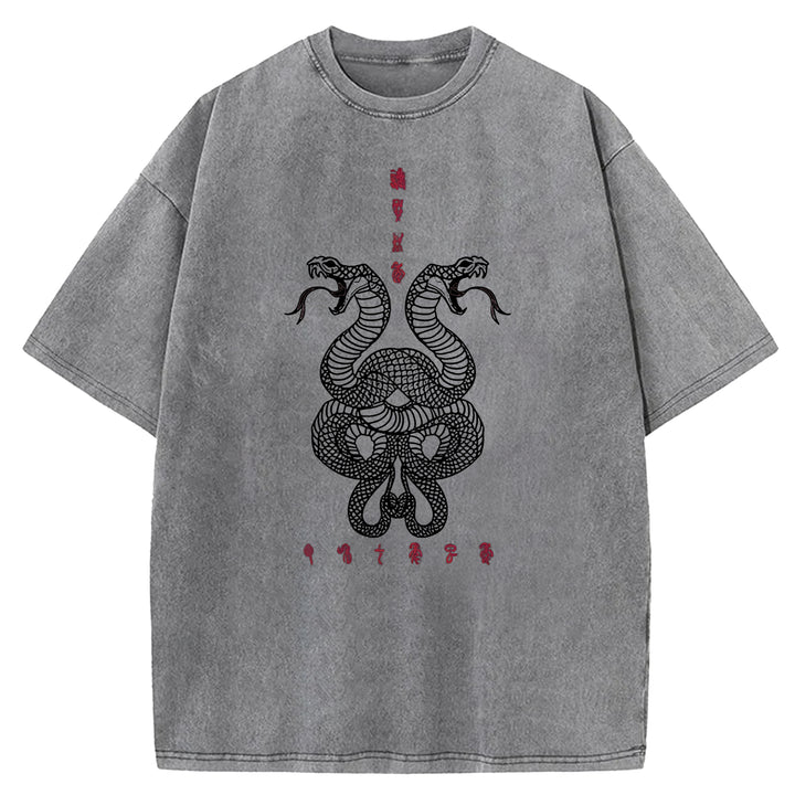 Double Snakes Encircling Washed Crew Neck T-Shirt