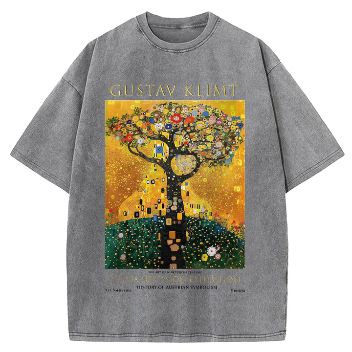Gustav Klimt Tree Of Life Vintage Design Washed Crew Neck T-Shirt