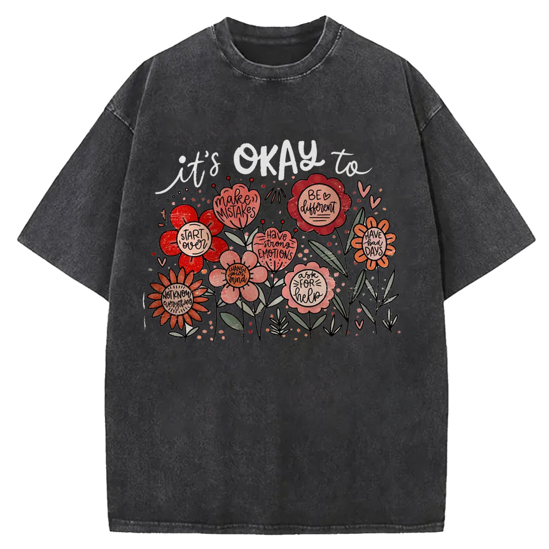 It's Okay To Boho Floral Washed Crew Neck T-Shirt