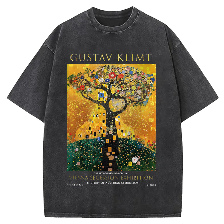 Gustav Klimt Tree Of Life Vintage Design Washed Crew Neck T-Shirt