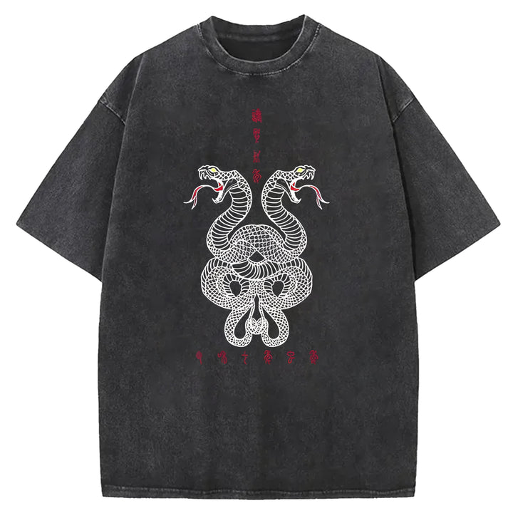 Double Snakes Encircling Washed Crew Neck T-Shirt