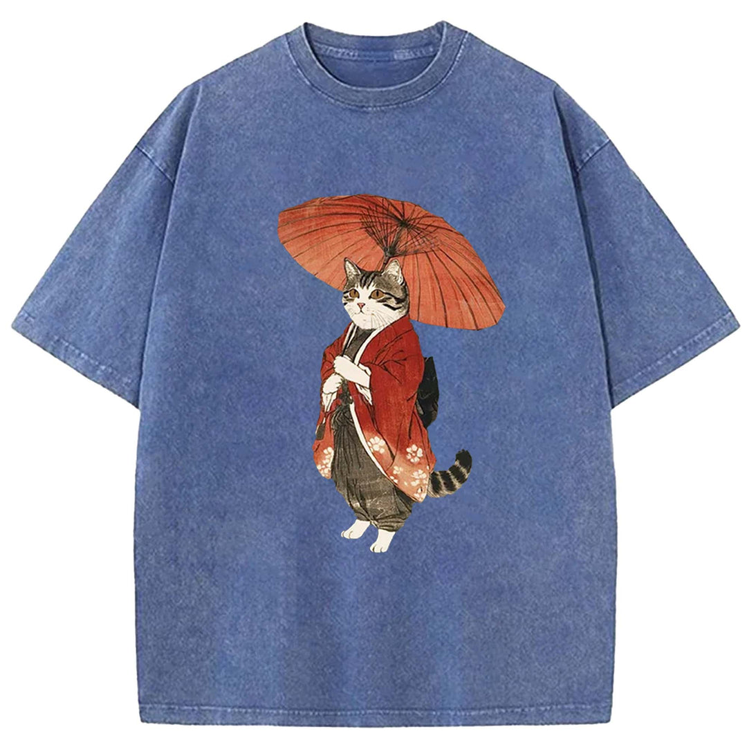 Japanese Cat with Umbrella Washed Crew Neck T-Shirt