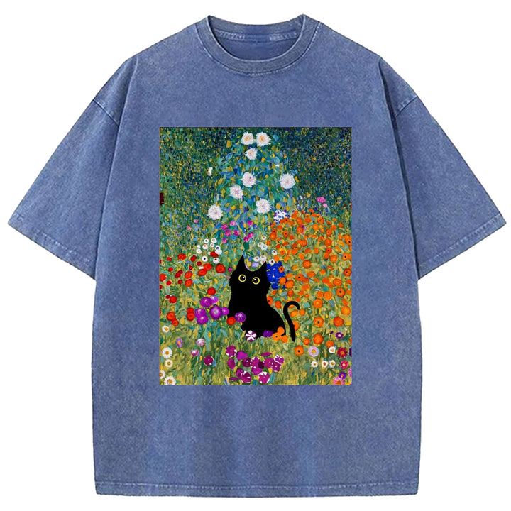 Gustav Klimt Garden Cat Print Vintage Washed Crew Neck T-Shirt