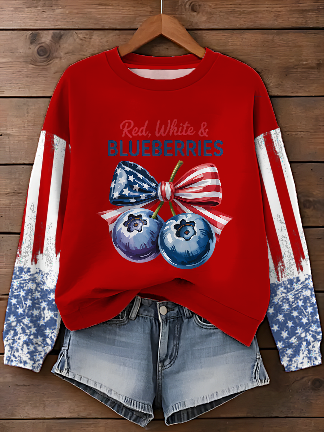 Red White and Blueberries Long Sleeve Casual Top