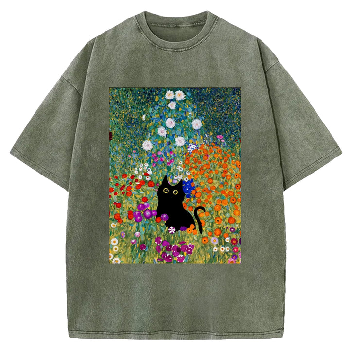 Gustav Klimt Garden Cat Print Vintage Washed Crew Neck T-Shirt