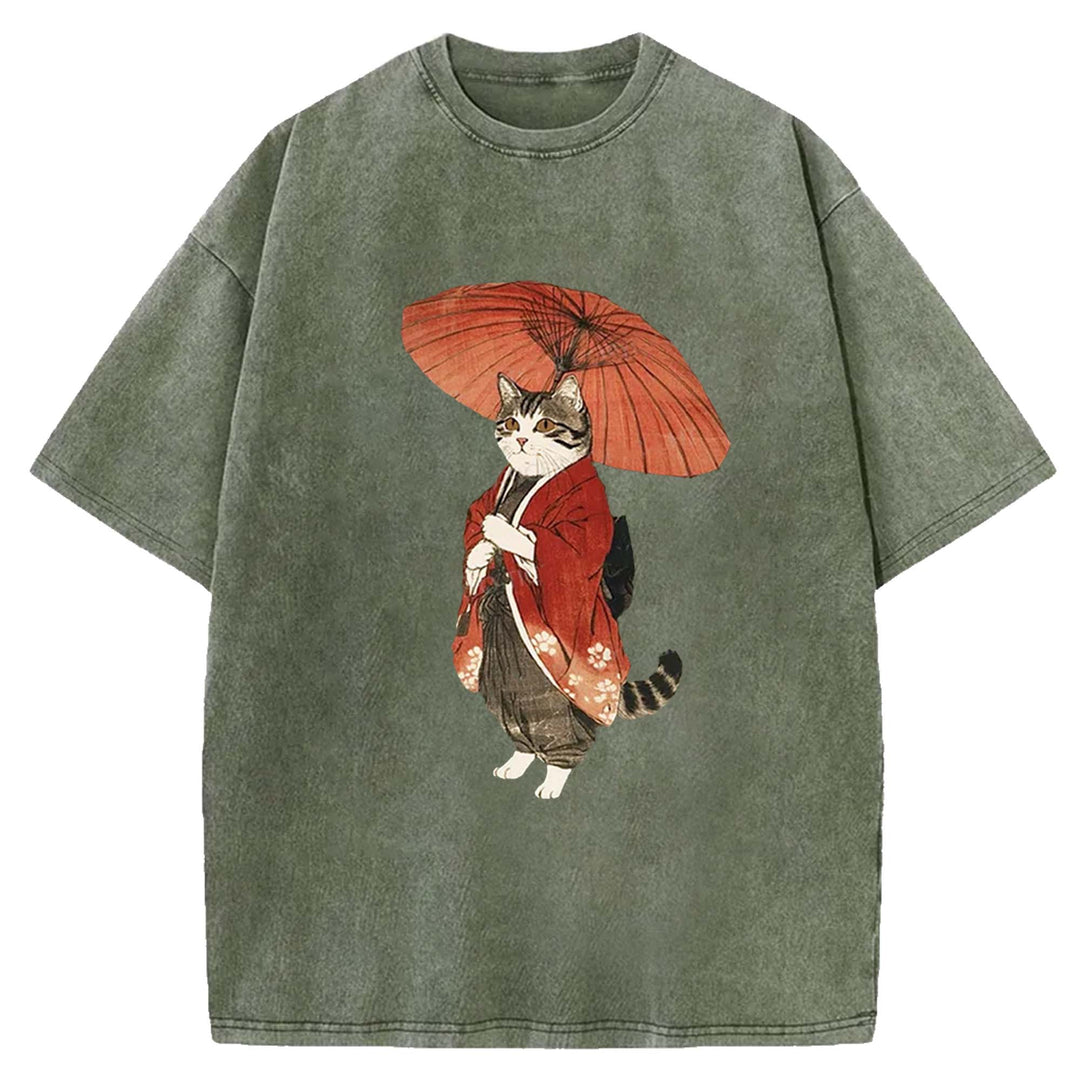Japanese Cat with Umbrella Washed Crew Neck T-Shirt