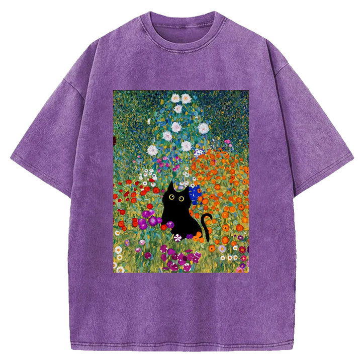 Gustav Klimt Garden Cat Print Vintage Washed Crew Neck T-Shirt