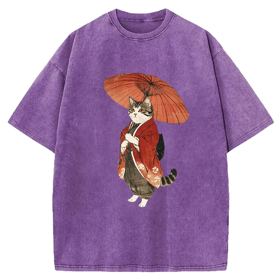 Japanese Cat with Umbrella Washed Crew Neck T-Shirt