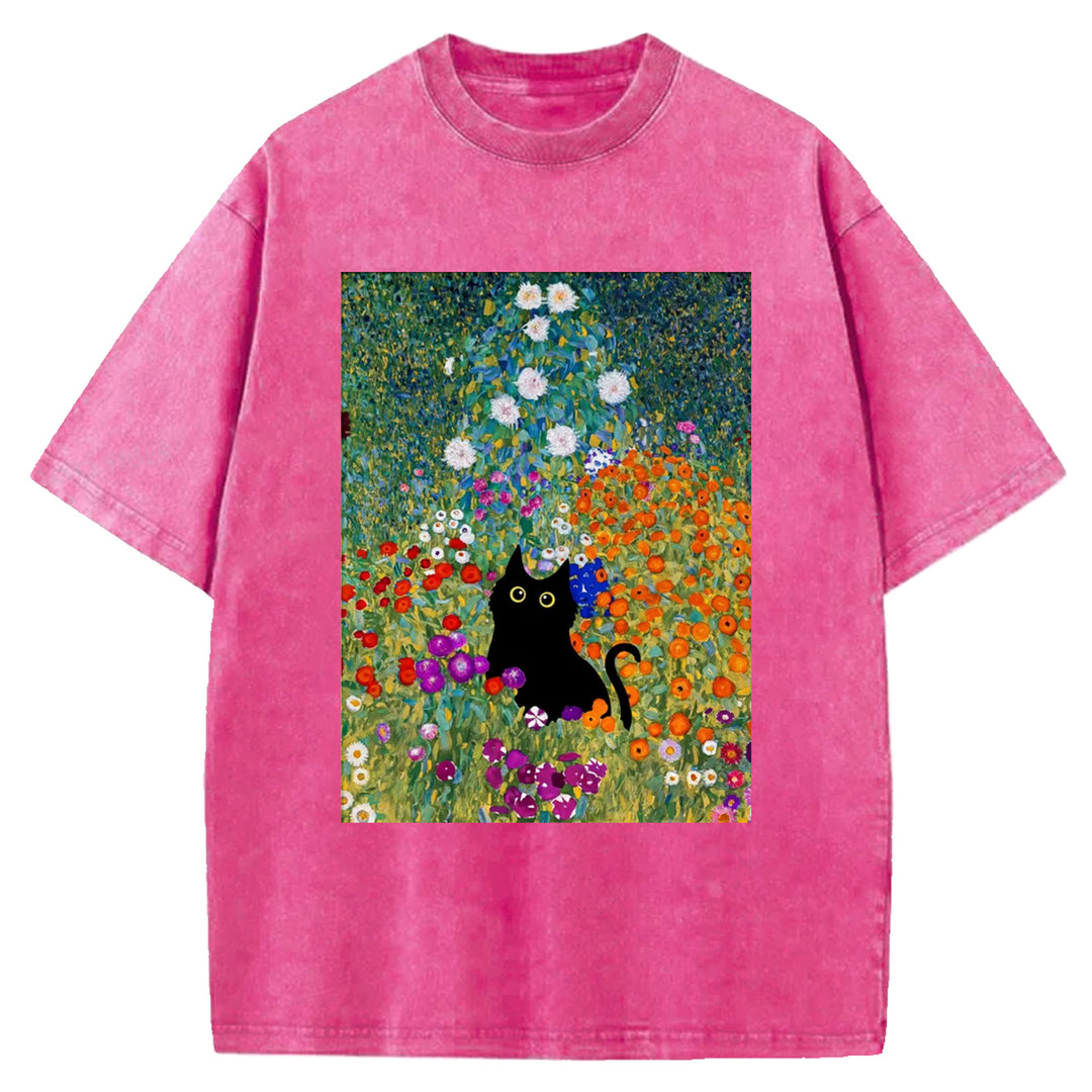 Gustav Klimt Garden Cat Print Vintage Washed Crew Neck T-Shirt