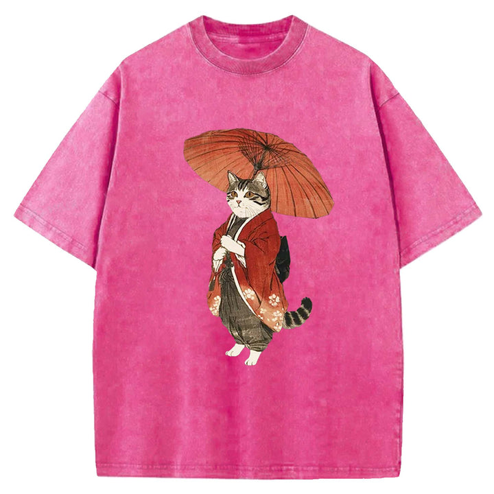 Japanese Cat with Umbrella Washed Crew Neck T-Shirt