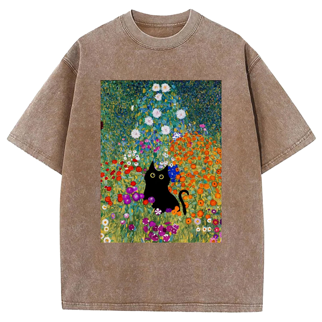 Gustav Klimt Garden Cat Print Vintage Washed Crew Neck T-Shirt