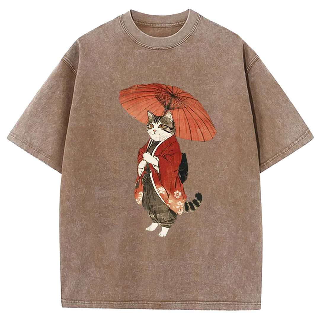 Japanese Cat with Umbrella Washed Crew Neck T-Shirt