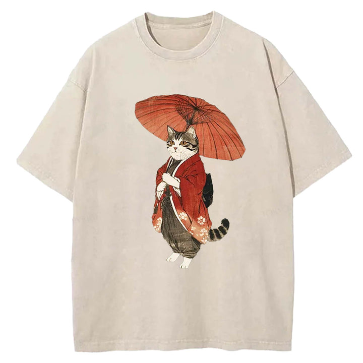 Japanese Cat with Umbrella Washed Crew Neck T-Shirt