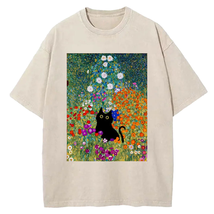 Gustav Klimt Garden Cat Print Vintage Washed Crew Neck T-Shirt