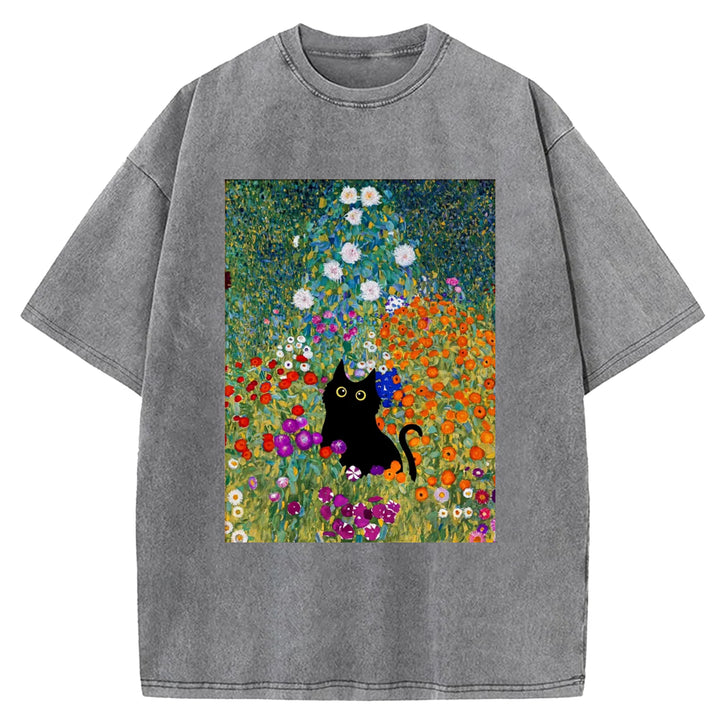Gustav Klimt Garden Cat Print Vintage Washed Crew Neck T-Shirt