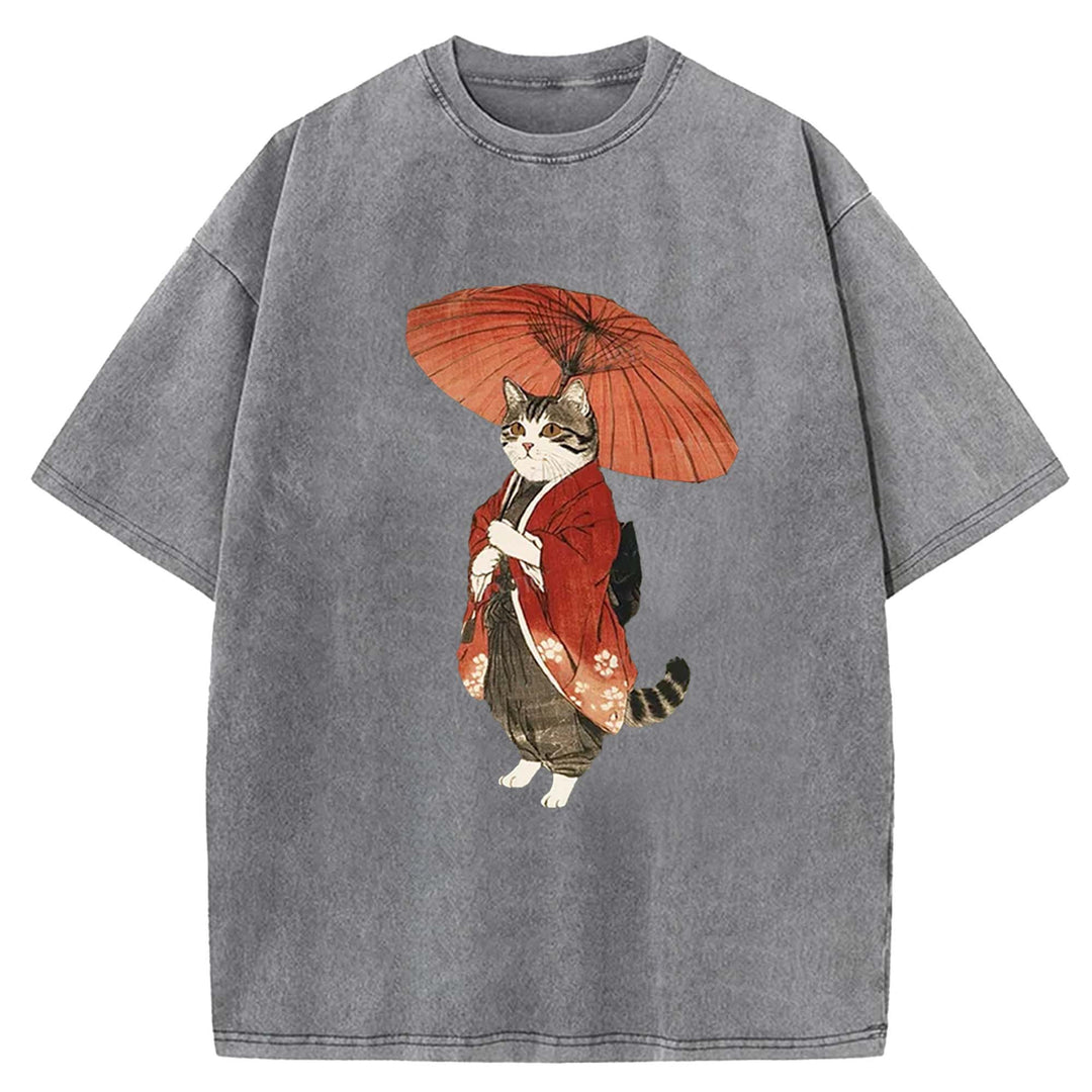 Japanese Cat with Umbrella Washed Crew Neck T-Shirt