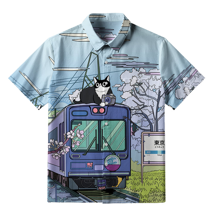 Black Cat On The Train Button-up Shirt