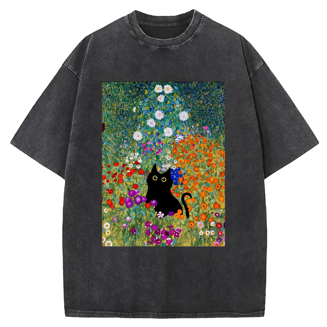 Gustav Klimt Garden Cat Print Vintage Washed Crew Neck T-Shirt