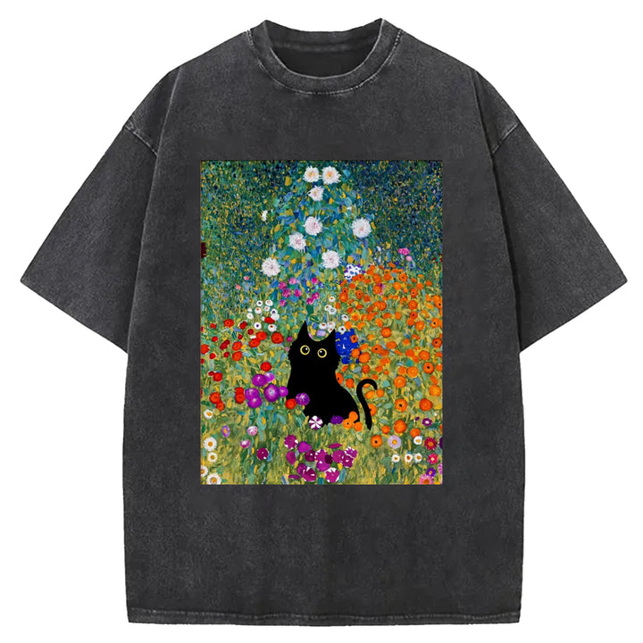 Gustav Klimt Garden Cat Print Vintage Washed Crew Neck T-Shirt