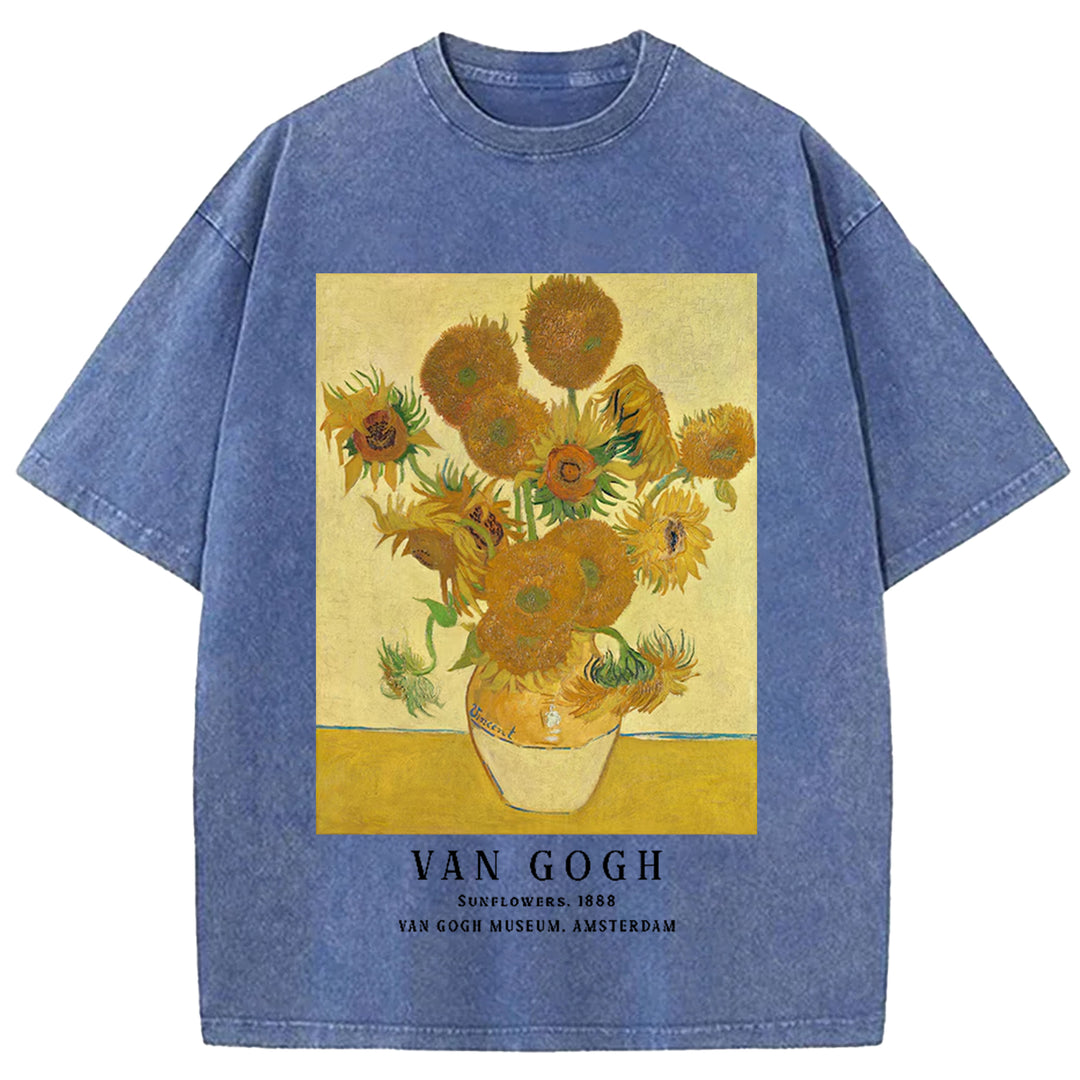 Sunflowers Van Gogh Vintage Design Washed Crew Neck T-Shirt