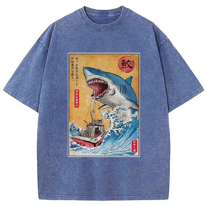 Hunting shark in Japan Washed Crew Neck T-Shirt