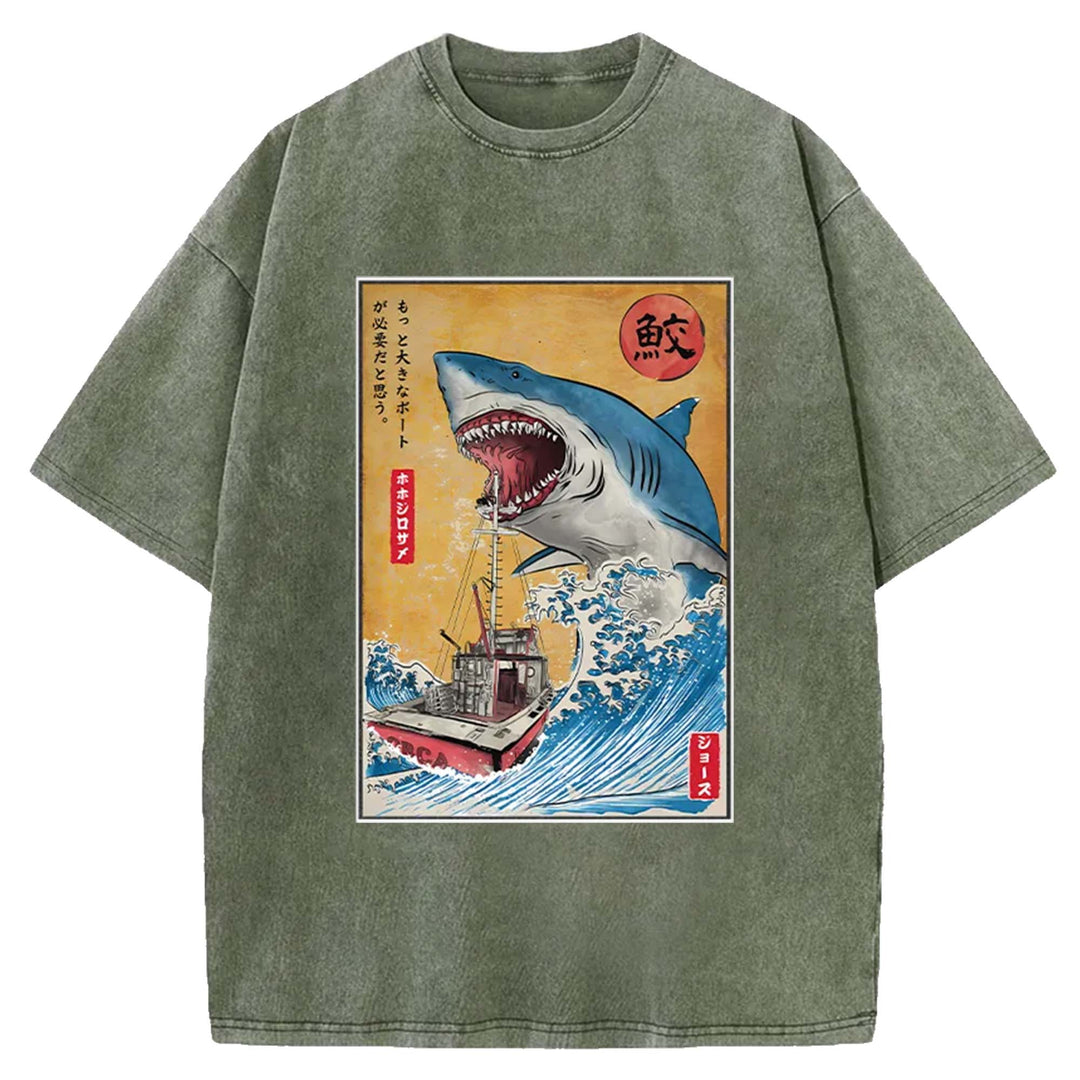 Hunting shark in Japan Washed Crew Neck T-Shirt