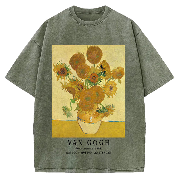 Sunflowers Van Gogh Vintage Design Washed Crew Neck T-Shirt