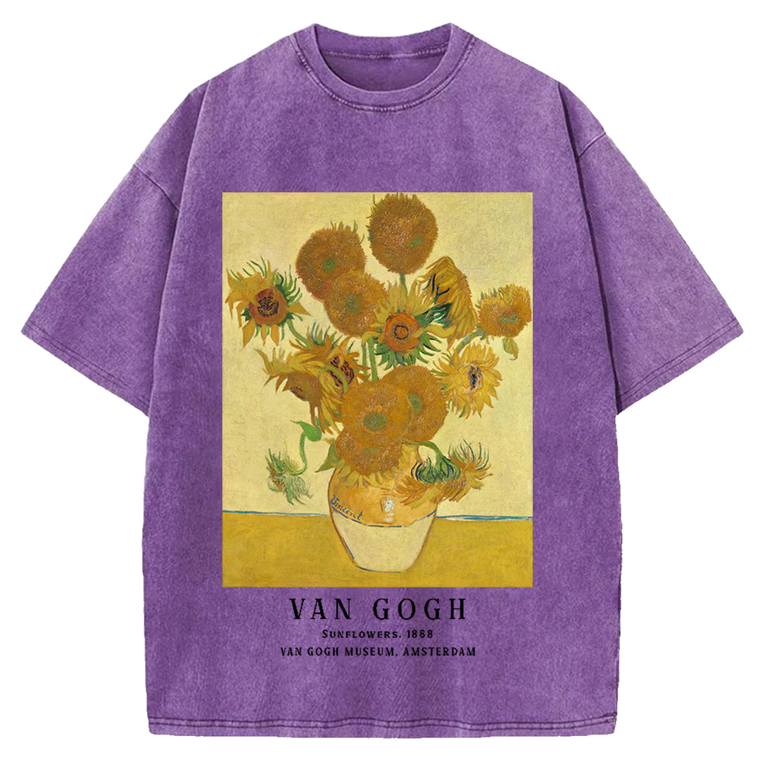 Sunflowers Van Gogh Vintage Design Washed Crew Neck T-Shirt