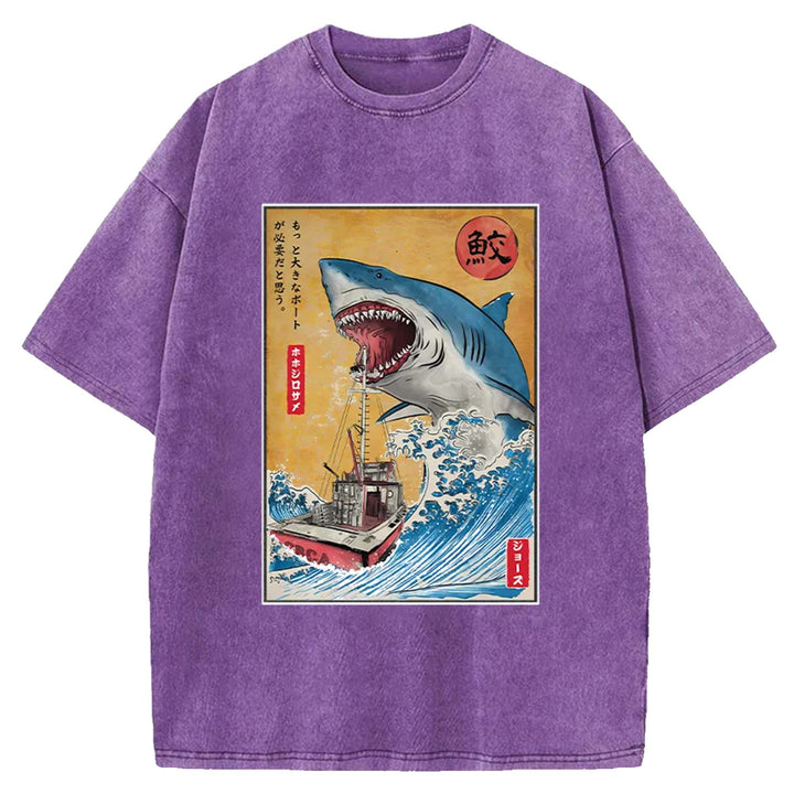 Hunting shark in Japan Washed Crew Neck T-Shirt