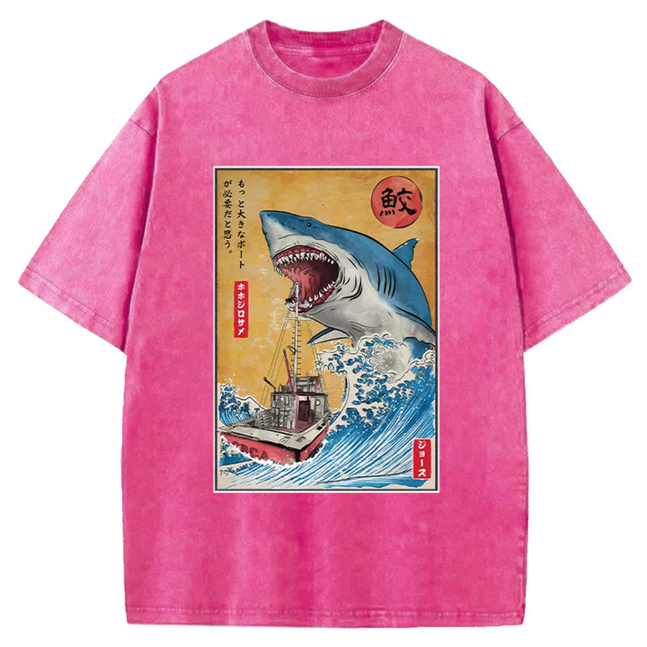Hunting shark in Japan Washed Crew Neck T-Shirt